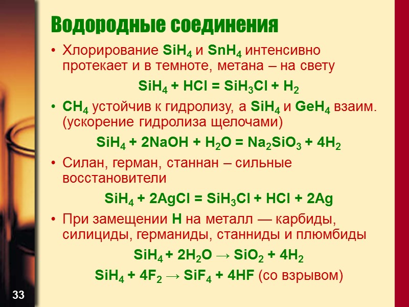 33 Водородные соединения Хлорирование SiH4 и SnH4 интенсивно протекает и в темноте, метана –